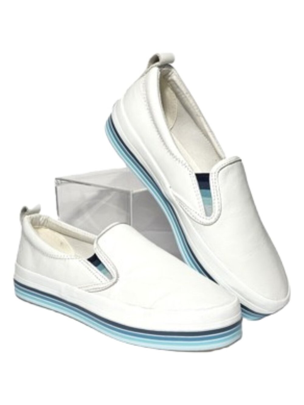 Sperry Crest Twin Gore Sz 8 White Leather Blue Striped Slip On Platform Sneakers
